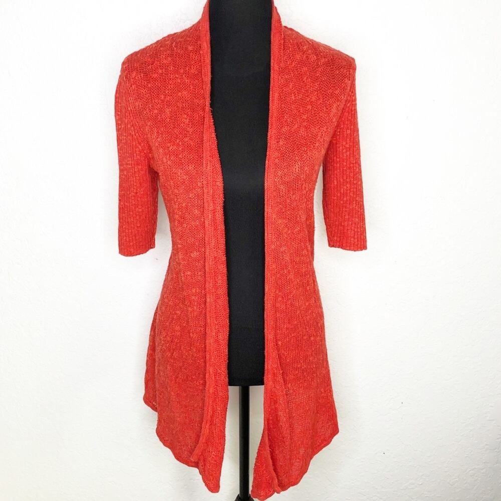 Eileen Fisher bright red orange open front linen blend cardigan size Medium